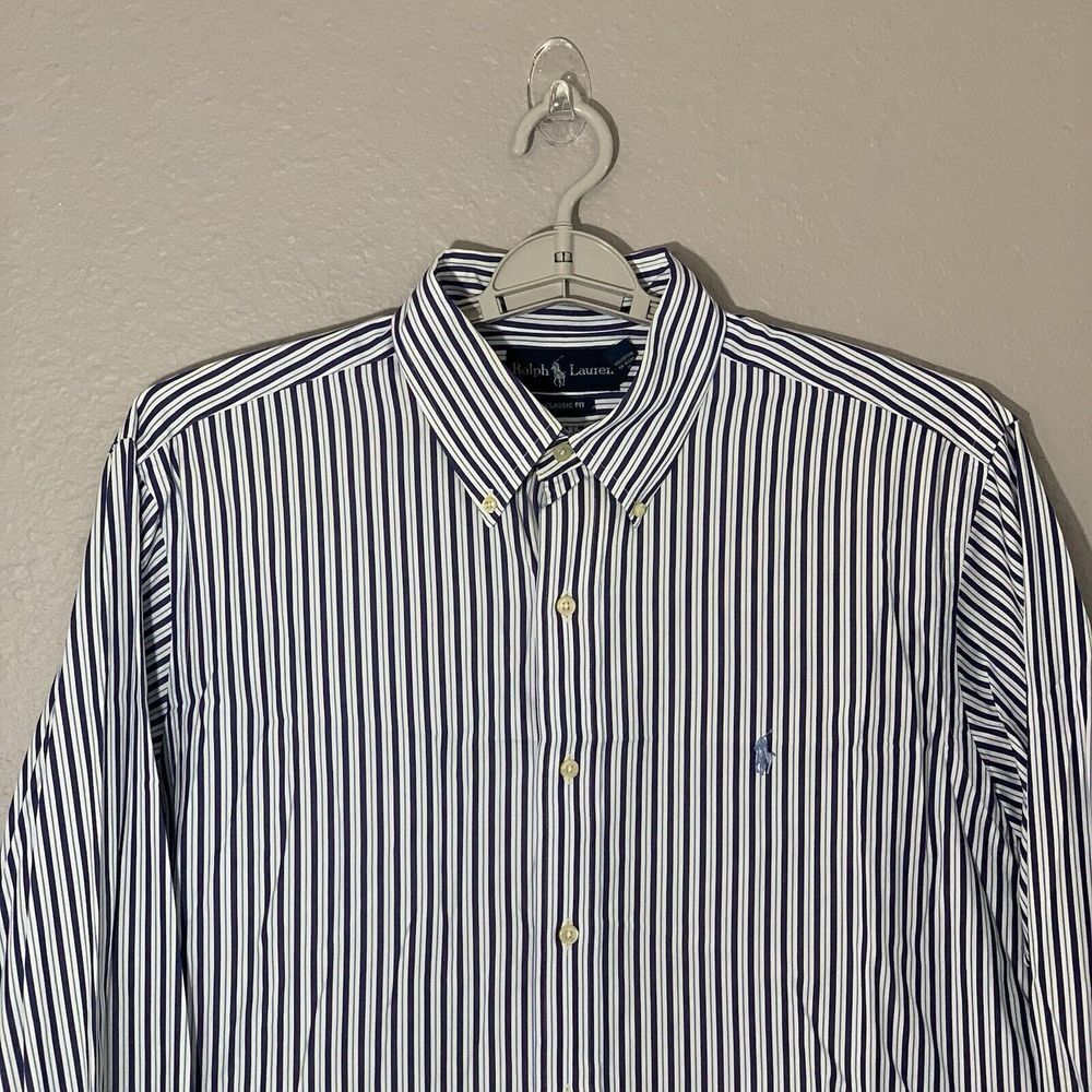 Ralph Lauren Men's Classic Fit Blue White Striped Button Down Shirt Size 17/XL - Picture 4 of 9